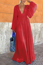 Vestido largo de gasa con cintura fruncida y fruncido